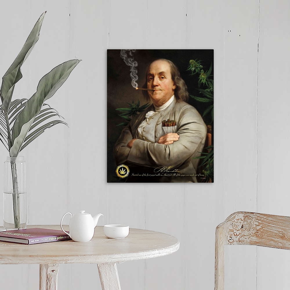A farmhouse room featuring Digital art painting of a poster titled Ben's Cigar by JJ Brando. Ben Franklin surrounded by mari...