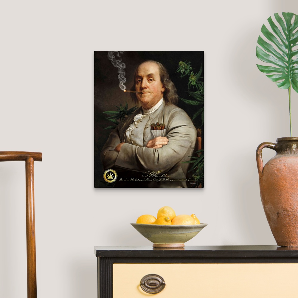 A traditional room featuring Digital art painting of a poster titled Ben's Cigar by JJ Brando. Ben Franklin surrounded by mari...