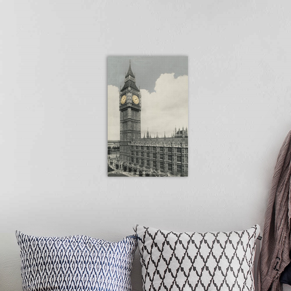 A bohemian room featuring Vintage postcard of Big Ben and Parliament in London, England.
