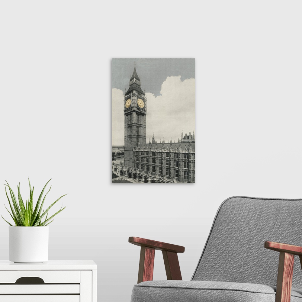 A modern room featuring Vintage postcard of Big Ben and Parliament in London, England.