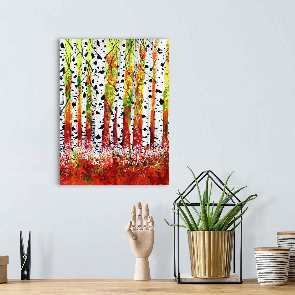 A bohemian room featuring A bright contemporary painting of birch tree trunks amid fall foliage colors