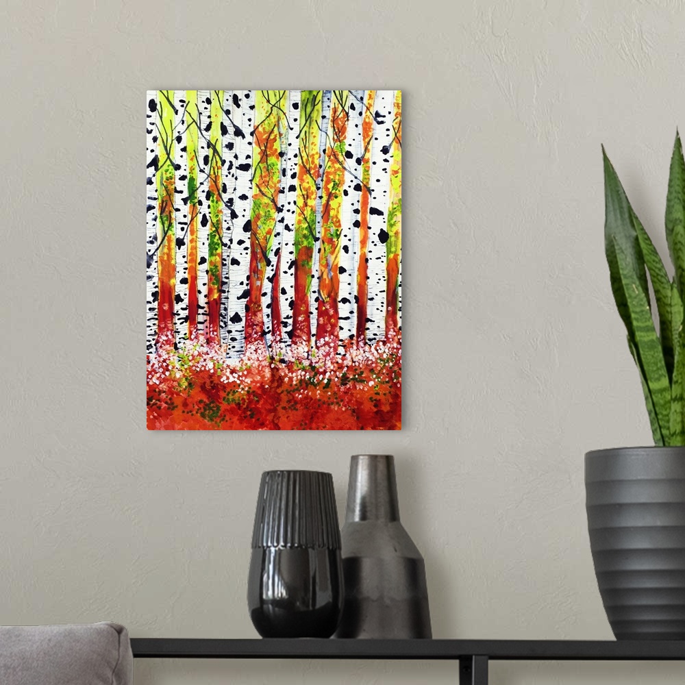 A modern room featuring A bright contemporary painting of birch tree trunks amid fall foliage colors