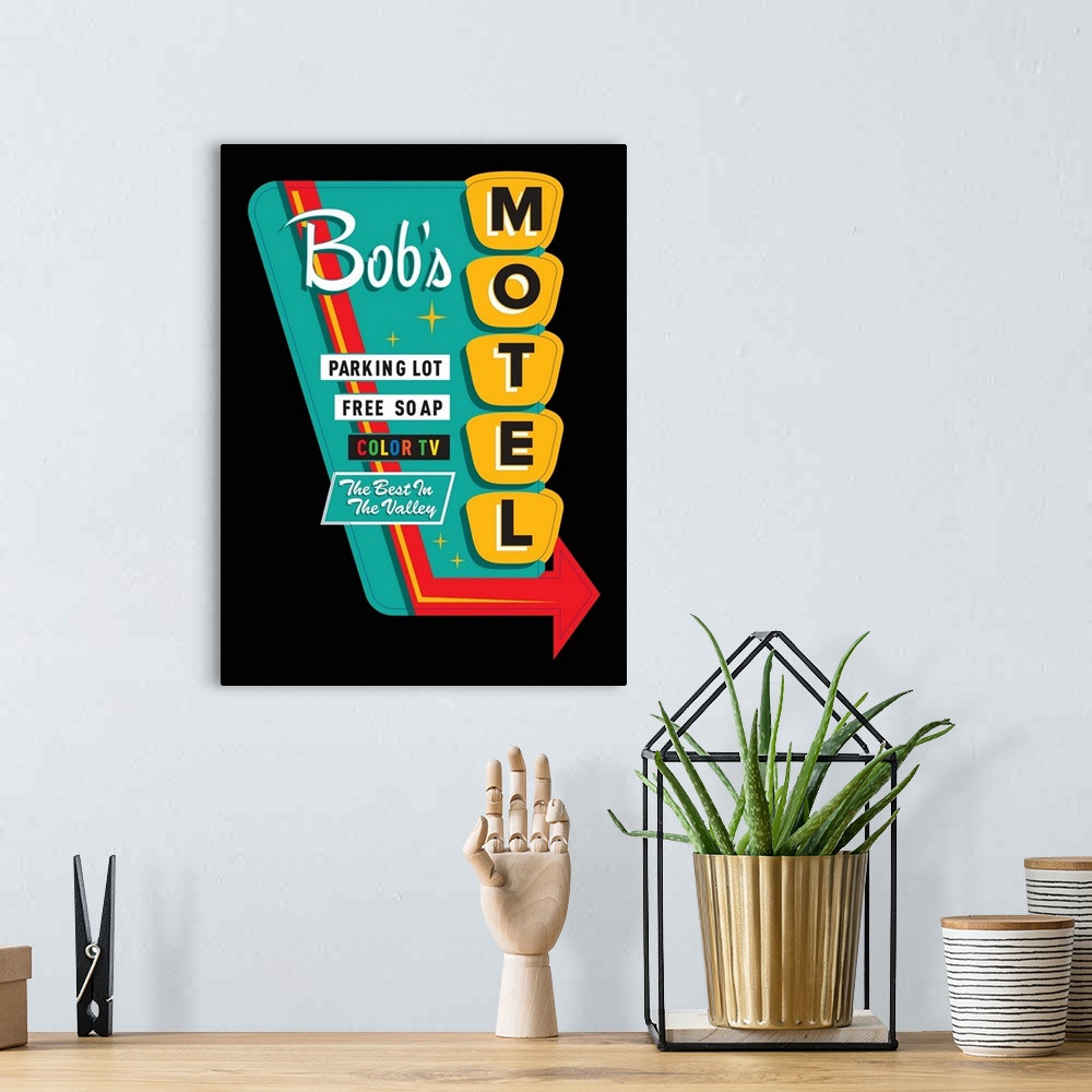 A bohemian room featuring Digital art painting of a poster titled Bob's Motel IN BLACK by JJ Brando.