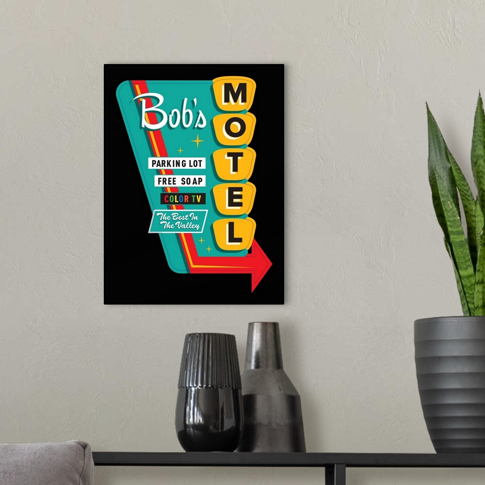A modern room featuring Digital art painting of a poster titled Bob's Motel IN BLACK by JJ Brando.