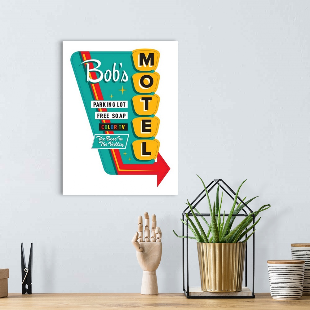 A bohemian room featuring Digital art painting of a poster titled Bob's Motel IN WHITE by JJ Brando.