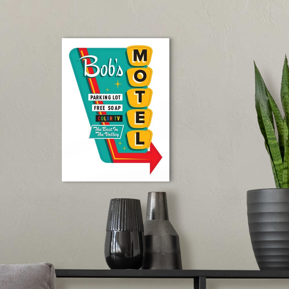 A modern room featuring Digital art painting of a poster titled Bob's Motel IN WHITE by JJ Brando.