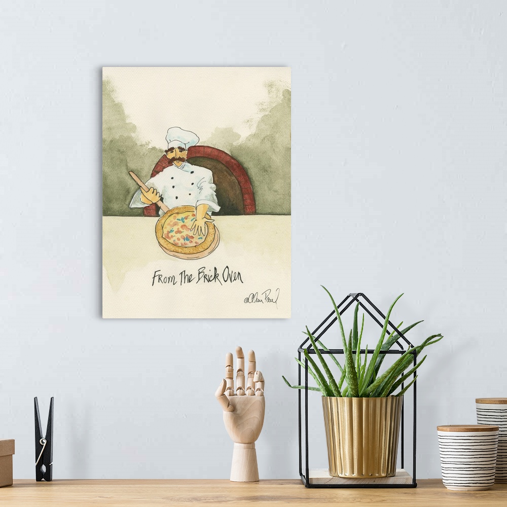 A bohemian room featuring Watercolor painting with pen and ink details of a chef making a pizza titled Brick Oven by Alan P...