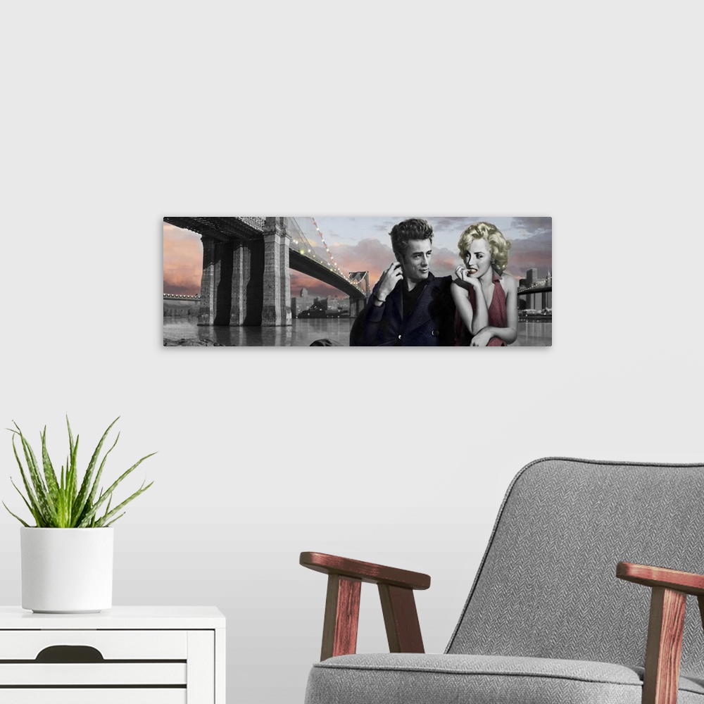 A modern room featuring Painting of Marilyn Monroe and James Dean together near the Brooklyn Bridge.