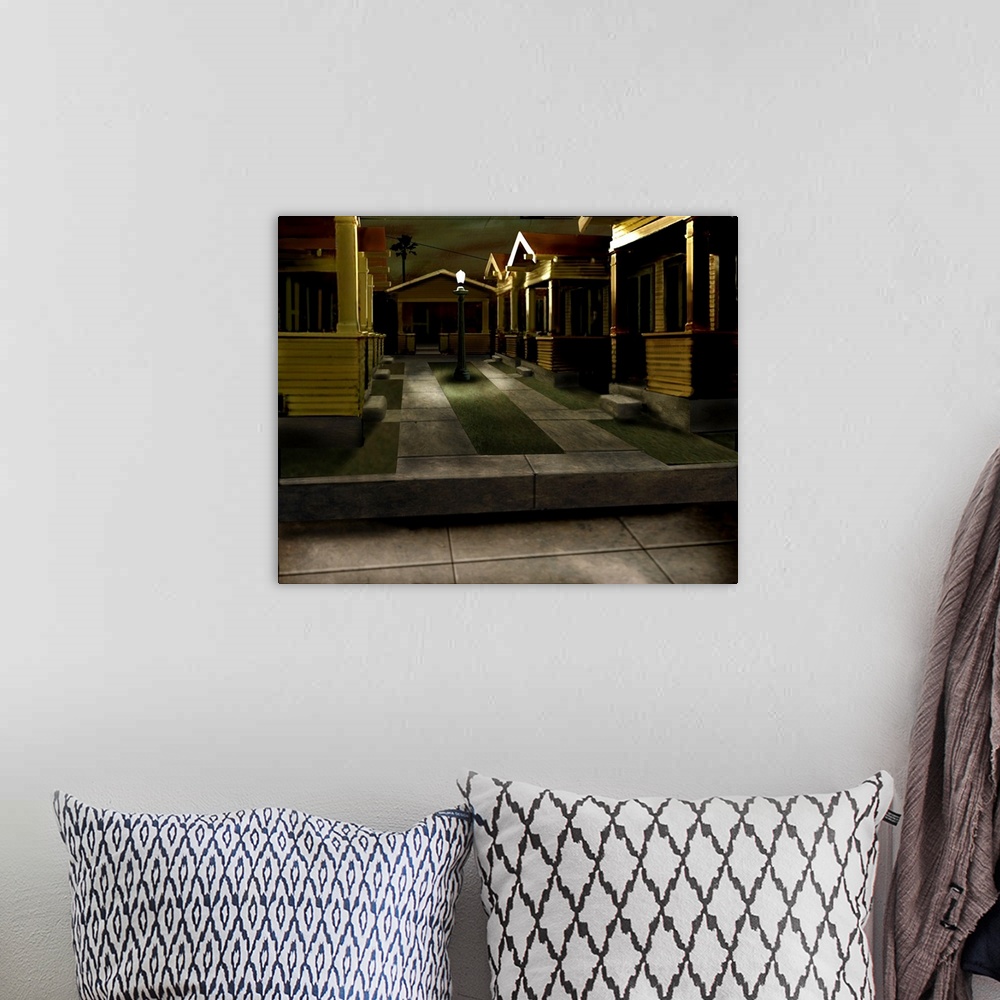 A bohemian room featuring Digital art painting of compact houses with one street lamp to illuminate sidewalk.