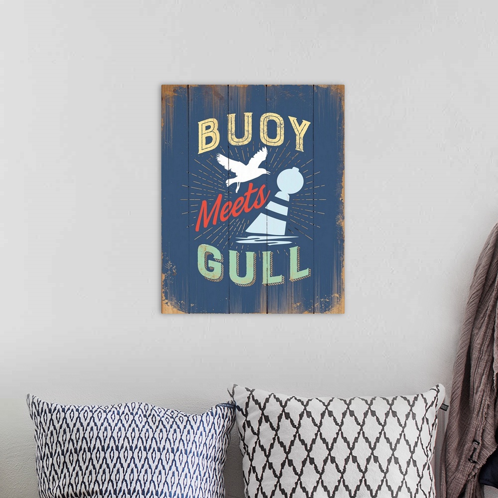 A bohemian room featuring Digital art painting of a poster titled Buoy Meets Gull IN BLUE by JJ Brando.