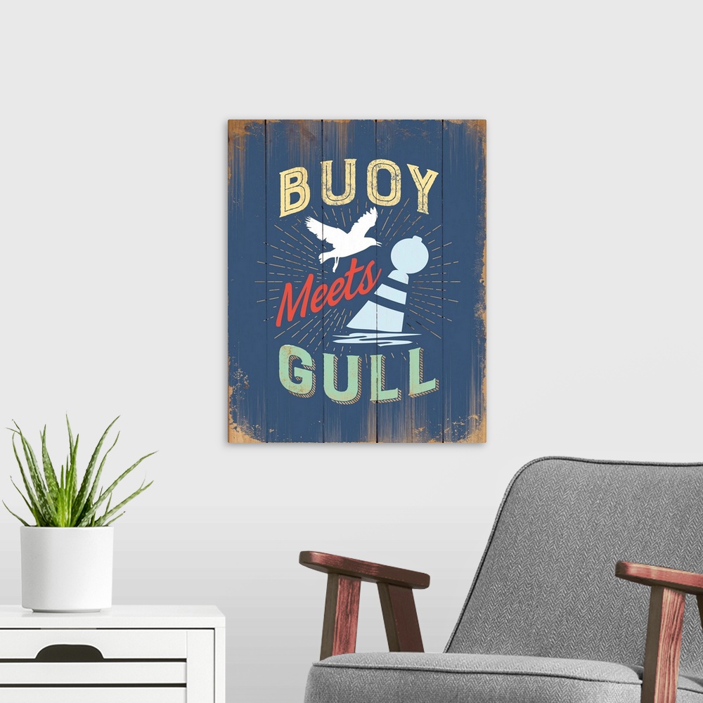 A modern room featuring Digital art painting of a poster titled Buoy Meets Gull IN BLUE by JJ Brando.