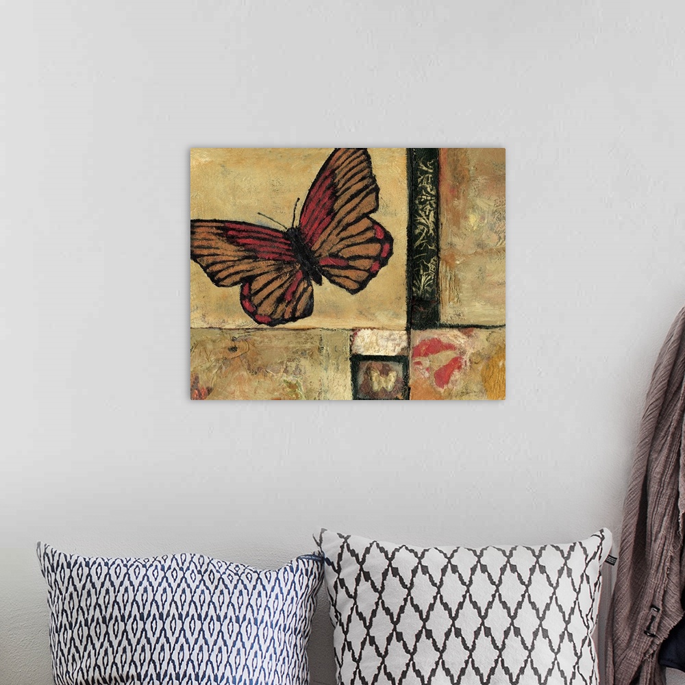 A bohemian room featuring Contemporary artwork of a red lacewing butterfly over a distressed background.