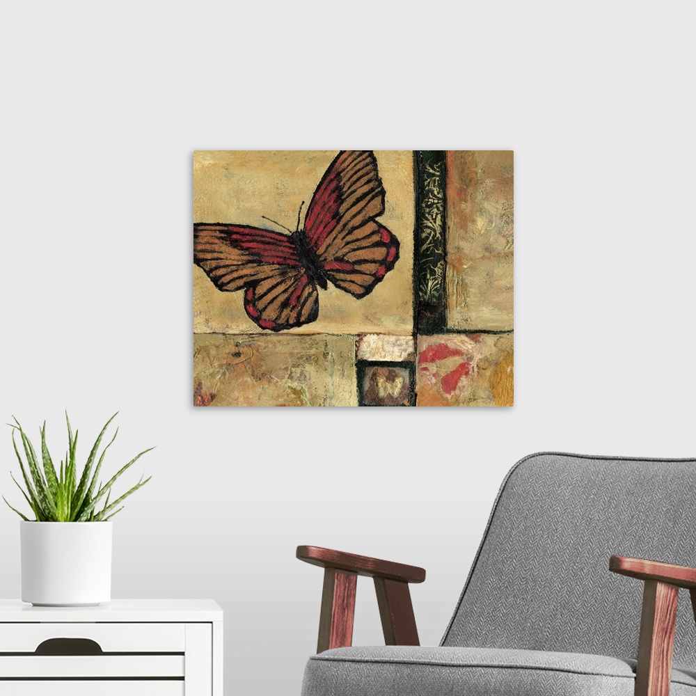A modern room featuring Contemporary artwork of a red lacewing butterfly over a distressed background.