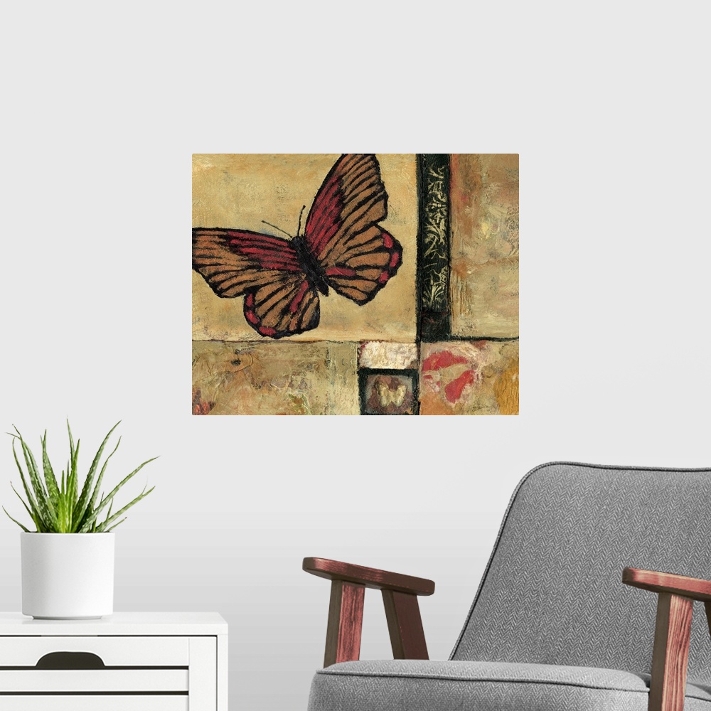 A modern room featuring Contemporary artwork of a red lacewing butterfly over a distressed background.
