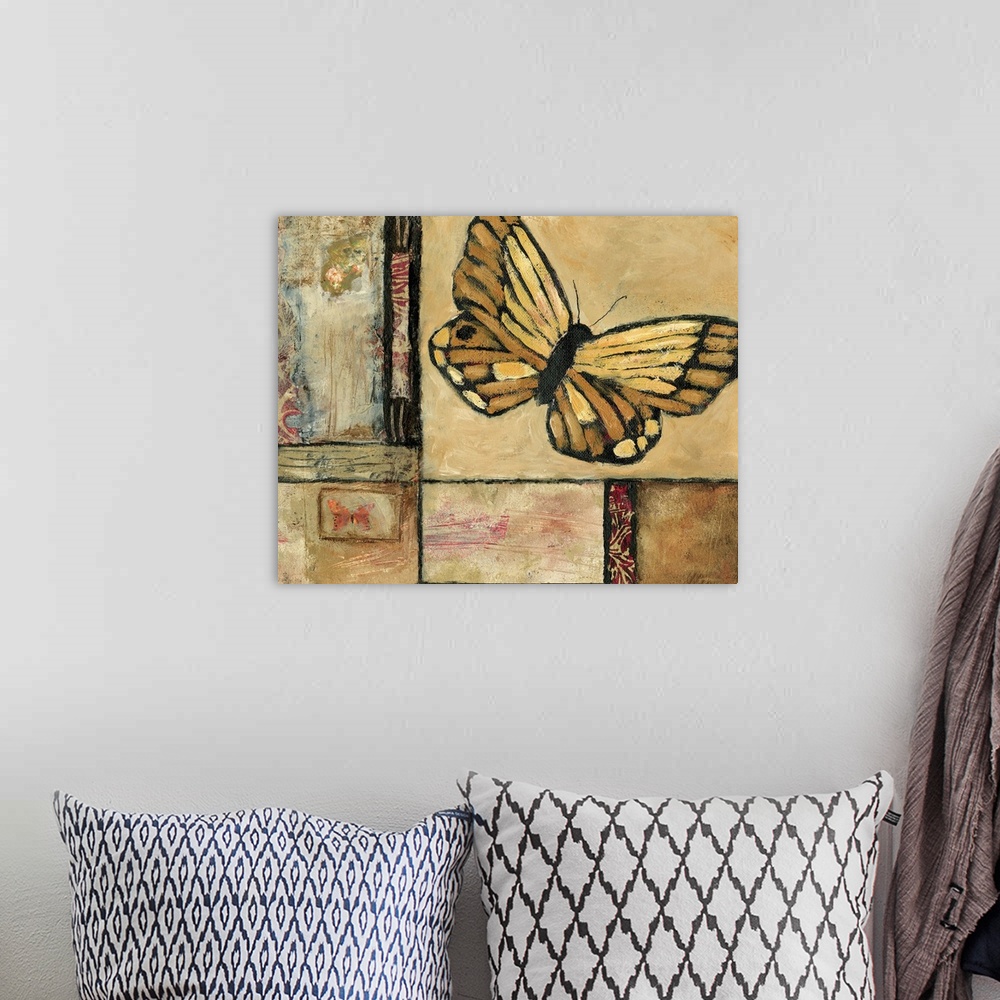 A bohemian room featuring Contemporary artwork of a golden yellow butterfly over a distressed background.