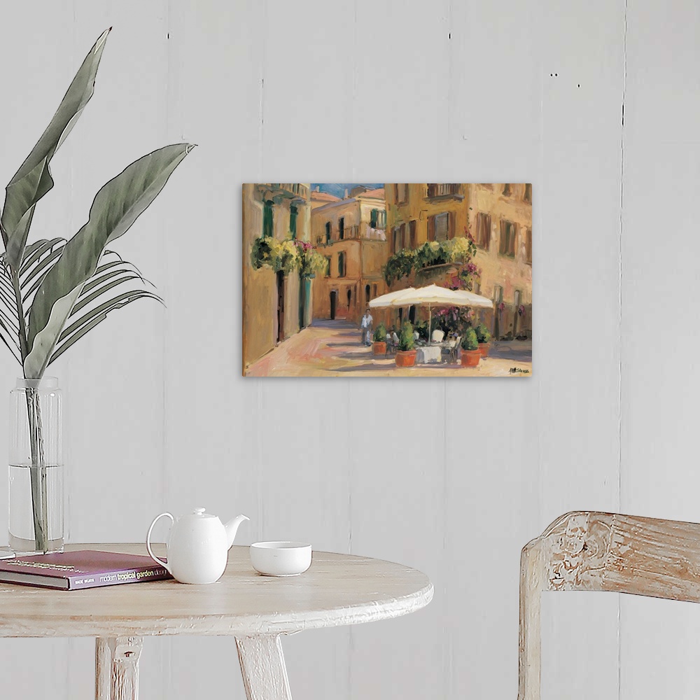 A farmhouse room featuring Fine art oil painting landscape of a sunlit outdoor cafe in Bordeaux, France by Allayn Stevens.