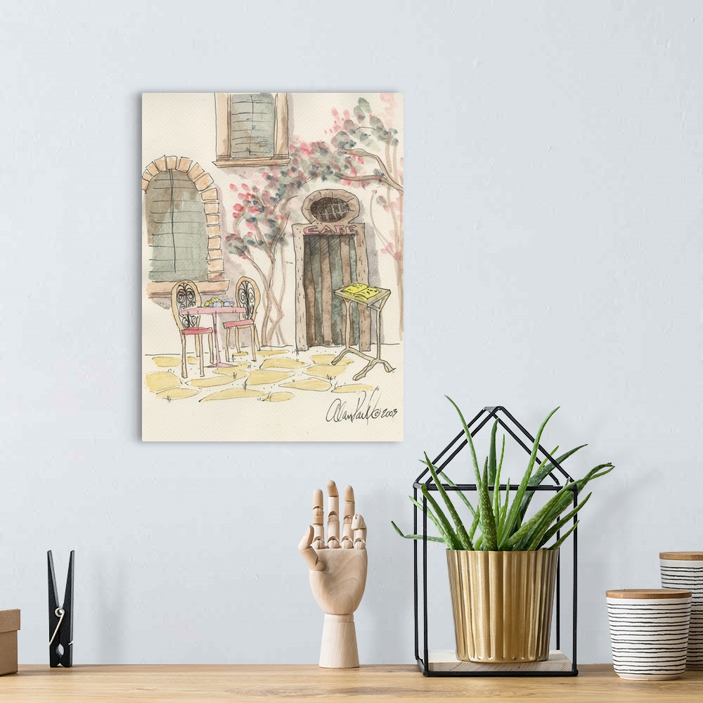 A bohemian room featuring Watercolor painting with pen and ink details of a cafe table for two street scene in Italy by Ala...