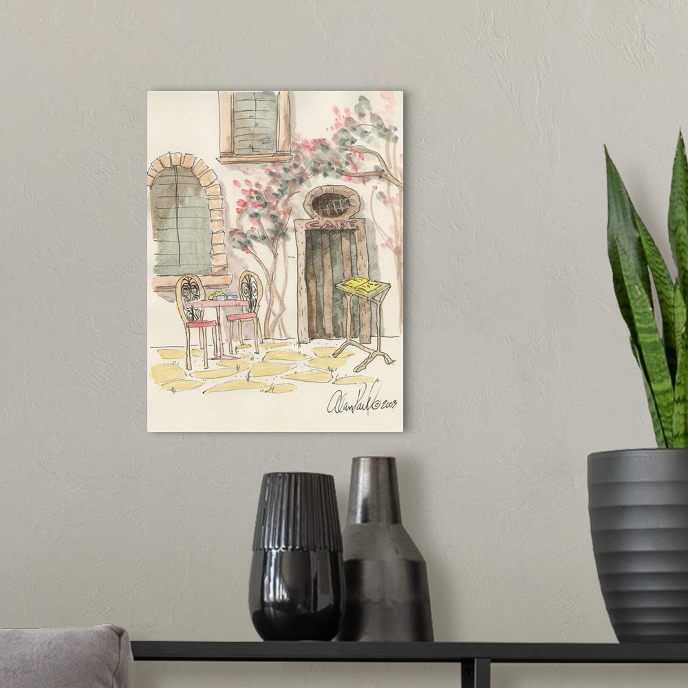 A modern room featuring Watercolor painting with pen and ink details of a cafe table for two street scene in Italy by Ala...