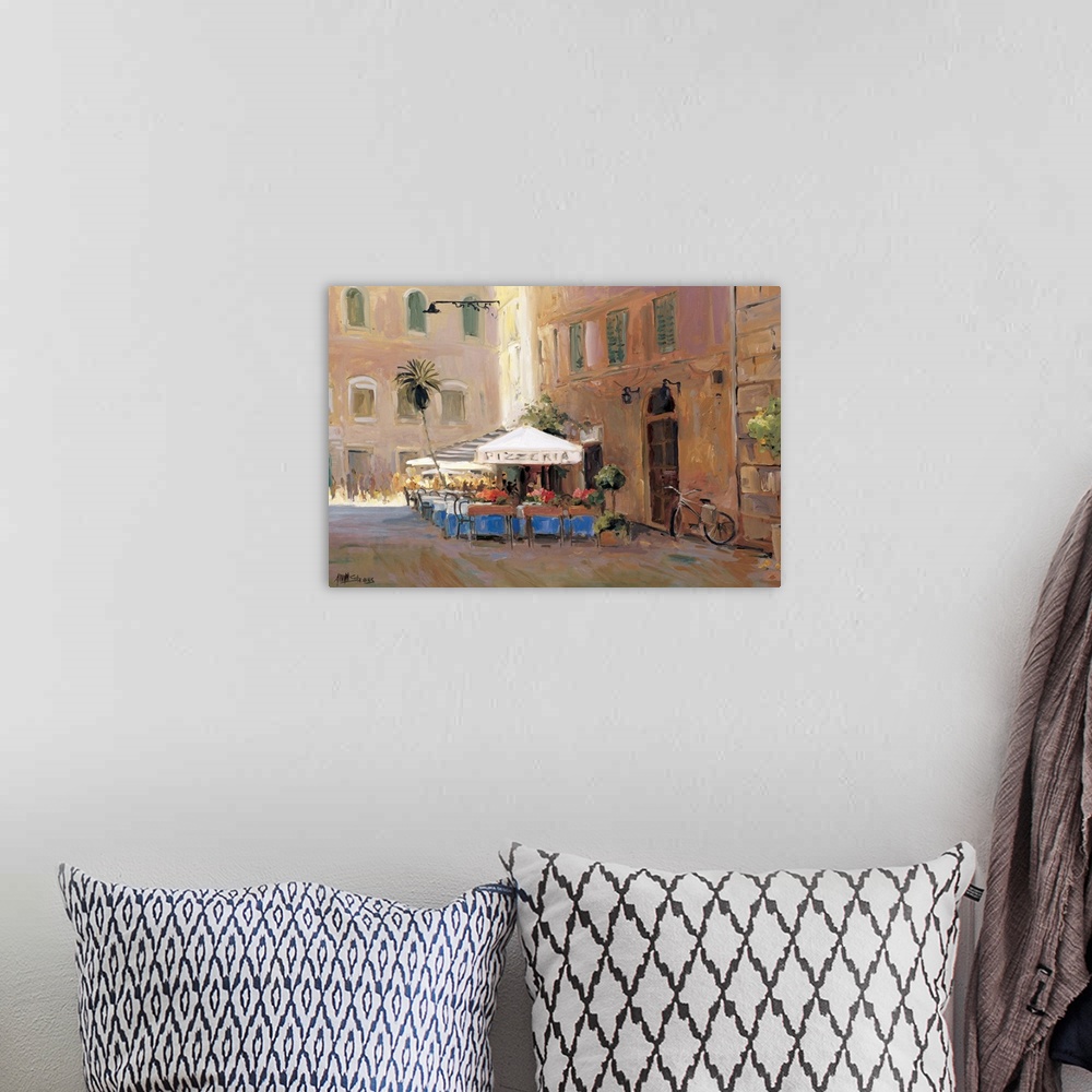 A bohemian room featuring Fine art oil painting landscape of a sunlit outdoor cafe and pizzeria in Rome, Italy by Allayn St...