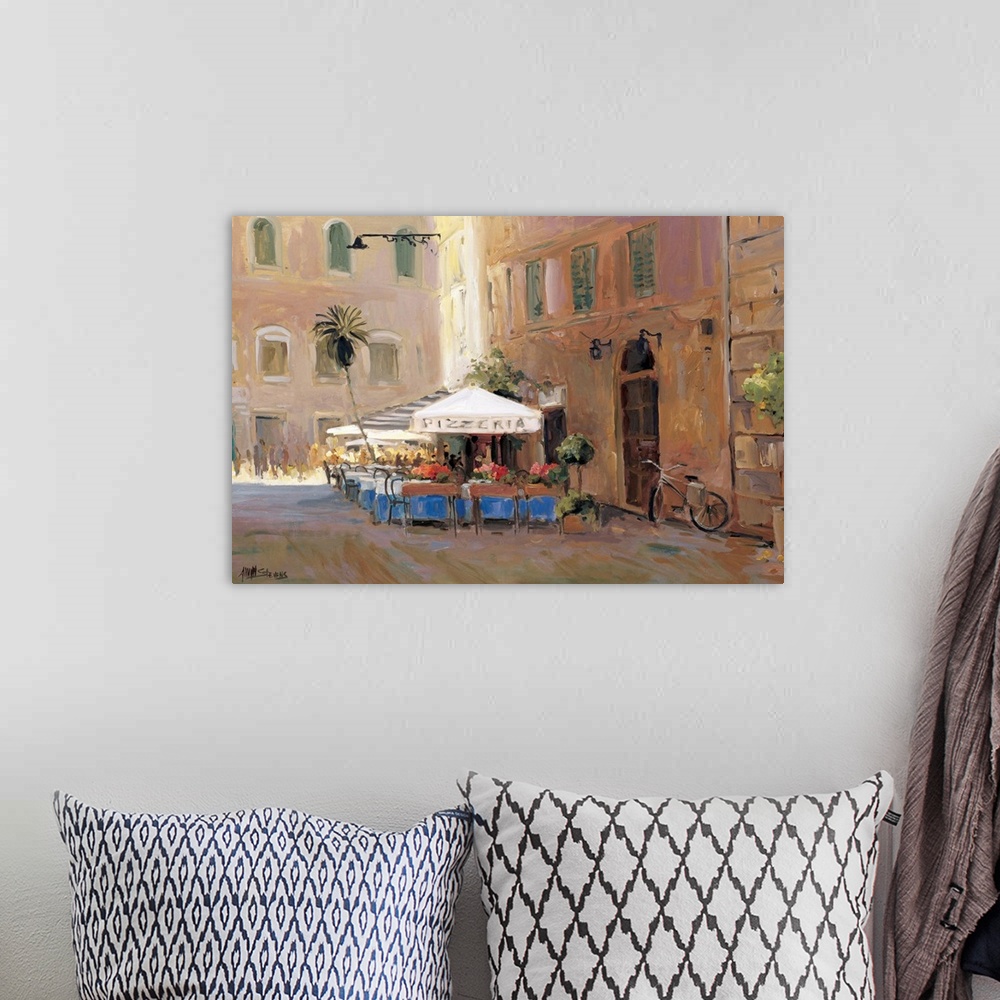 A bohemian room featuring Fine art oil painting landscape of a sunlit outdoor cafe and pizzeria in Rome, Italy by Allayn St...