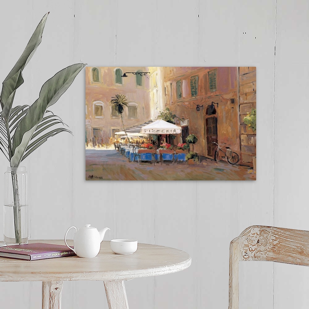 A farmhouse room featuring Fine art oil painting landscape of a sunlit outdoor cafe and pizzeria in Rome, Italy by Allayn St...