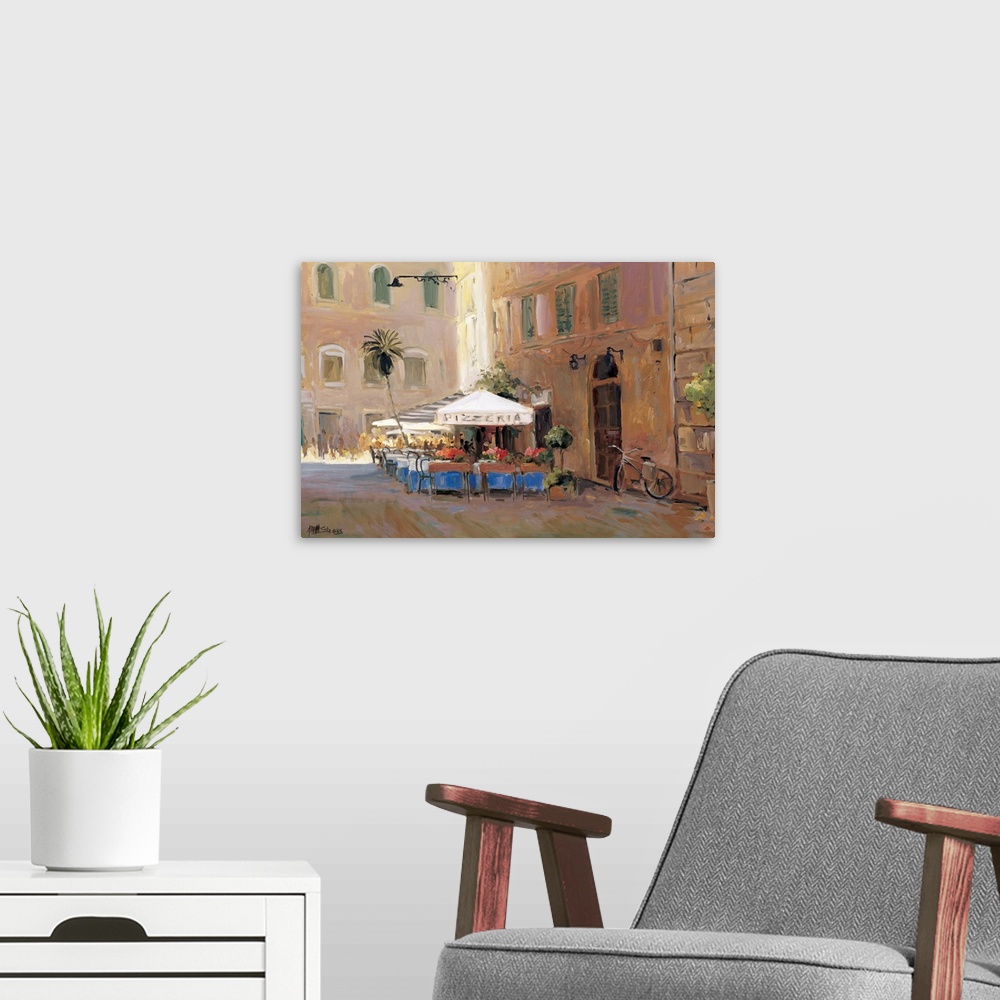 A modern room featuring Fine art oil painting landscape of a sunlit outdoor cafe and pizzeria in Rome, Italy by Allayn St...