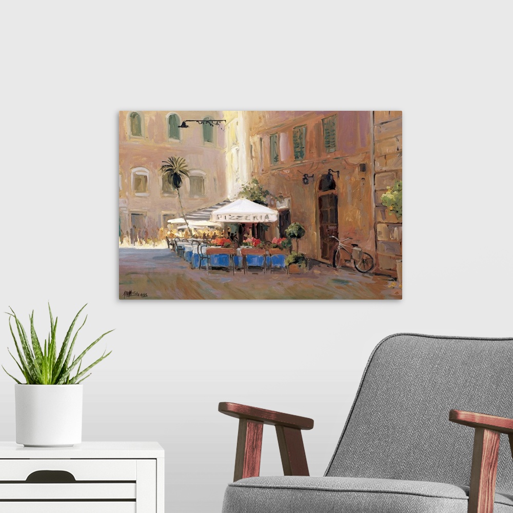 A modern room featuring Fine art oil painting landscape of a sunlit outdoor cafe and pizzeria in Rome, Italy by Allayn St...