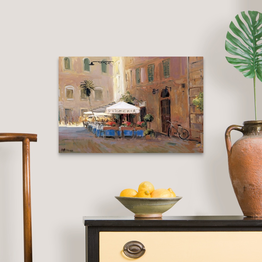 A traditional room featuring Fine art oil painting landscape of a sunlit outdoor cafe and pizzeria in Rome, Italy by Allayn St...