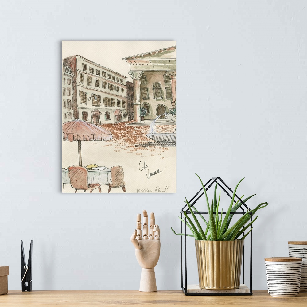 A bohemian room featuring Watercolor painting with pen and ink details of a cafe table for two in Verona with an umbrella b...