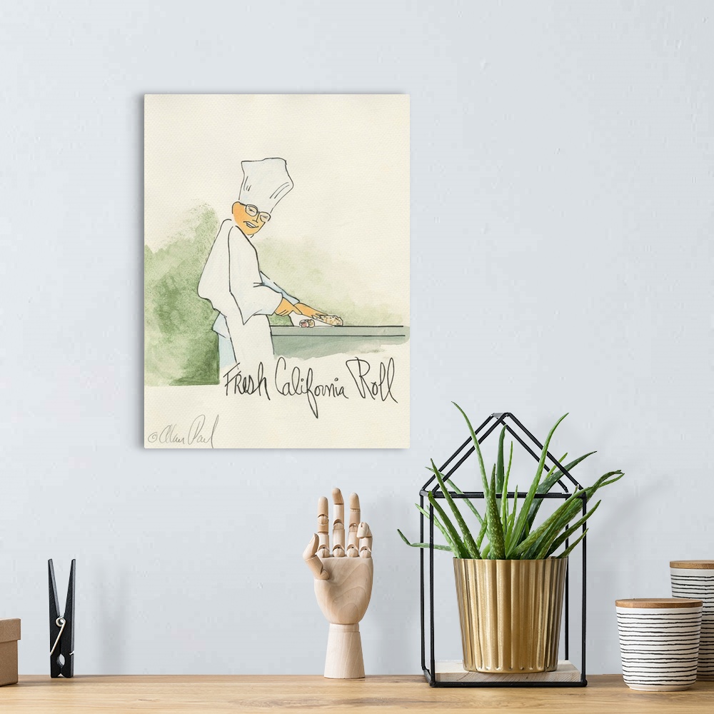 A bohemian room featuring Watercolor painting with pen and ink details of a chef making sushi titled California Roll by Ala...