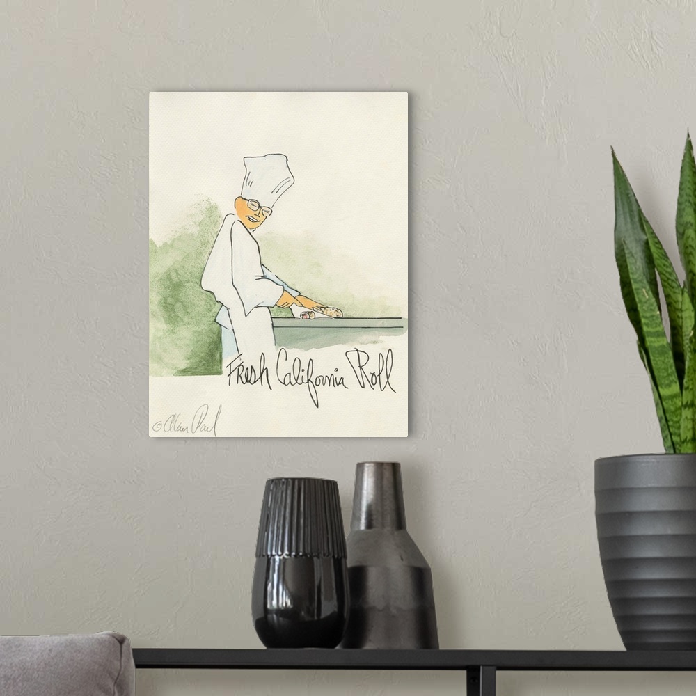 A modern room featuring Watercolor painting with pen and ink details of a chef making sushi titled California Roll by Ala...