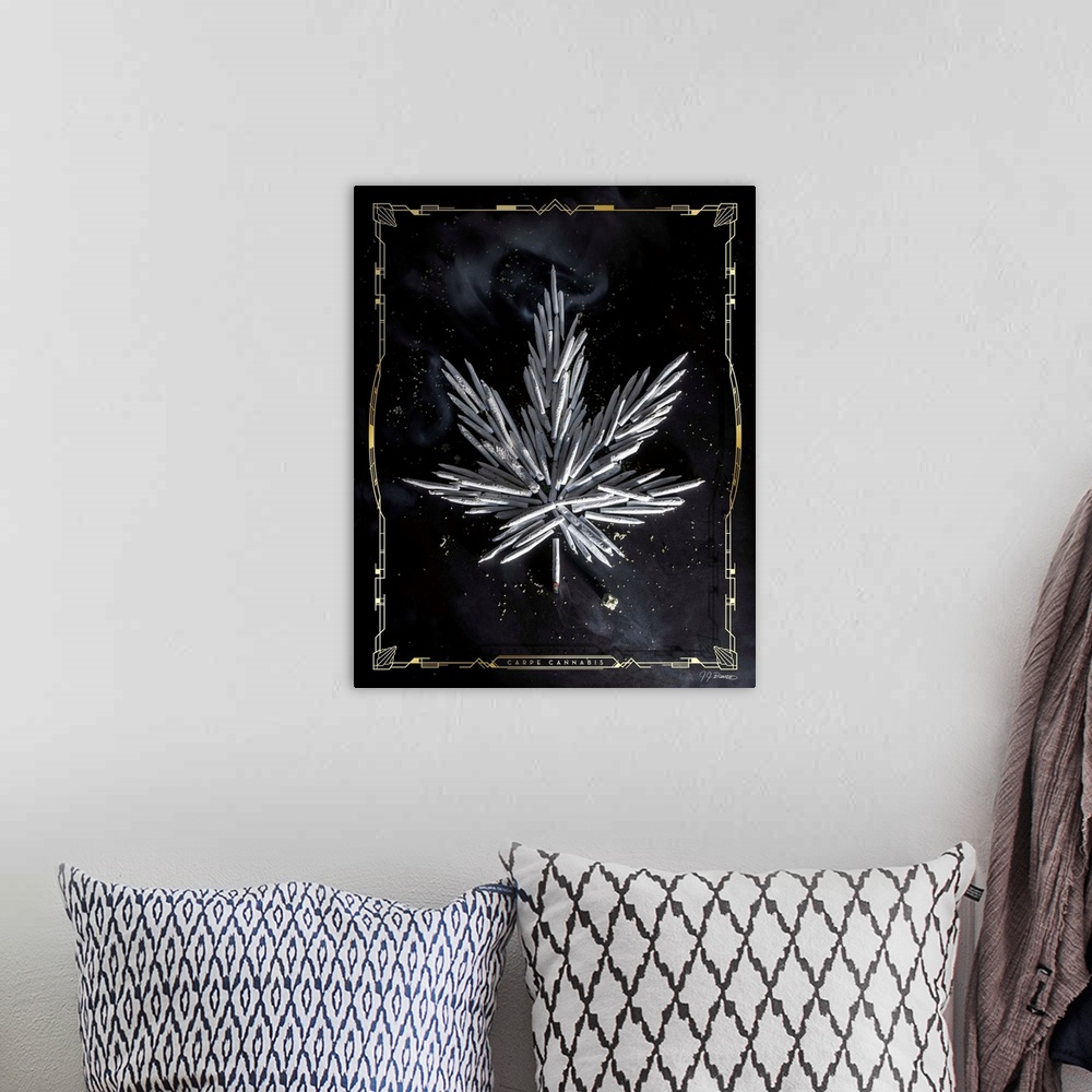 A bohemian room featuring Digital art painting of a poster titled Carpe Cannabis by JJ Brando. Marijuana cigarettes piled u...