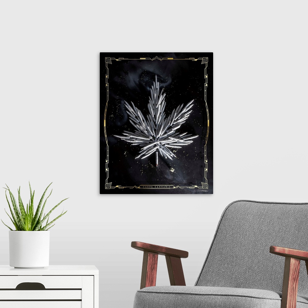 A modern room featuring Digital art painting of a poster titled Carpe Cannabis by JJ Brando. Marijuana cigarettes piled u...