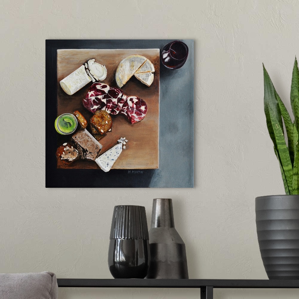 A modern room featuring Fine art oil painting of a wooden cheese board with samples of brie, goats milk cheese, meat and ...