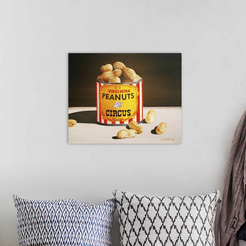 A bohemian room featuring Fine art oil painting of circus peanuts in a tin can sitting atop a table in this beautiful still...