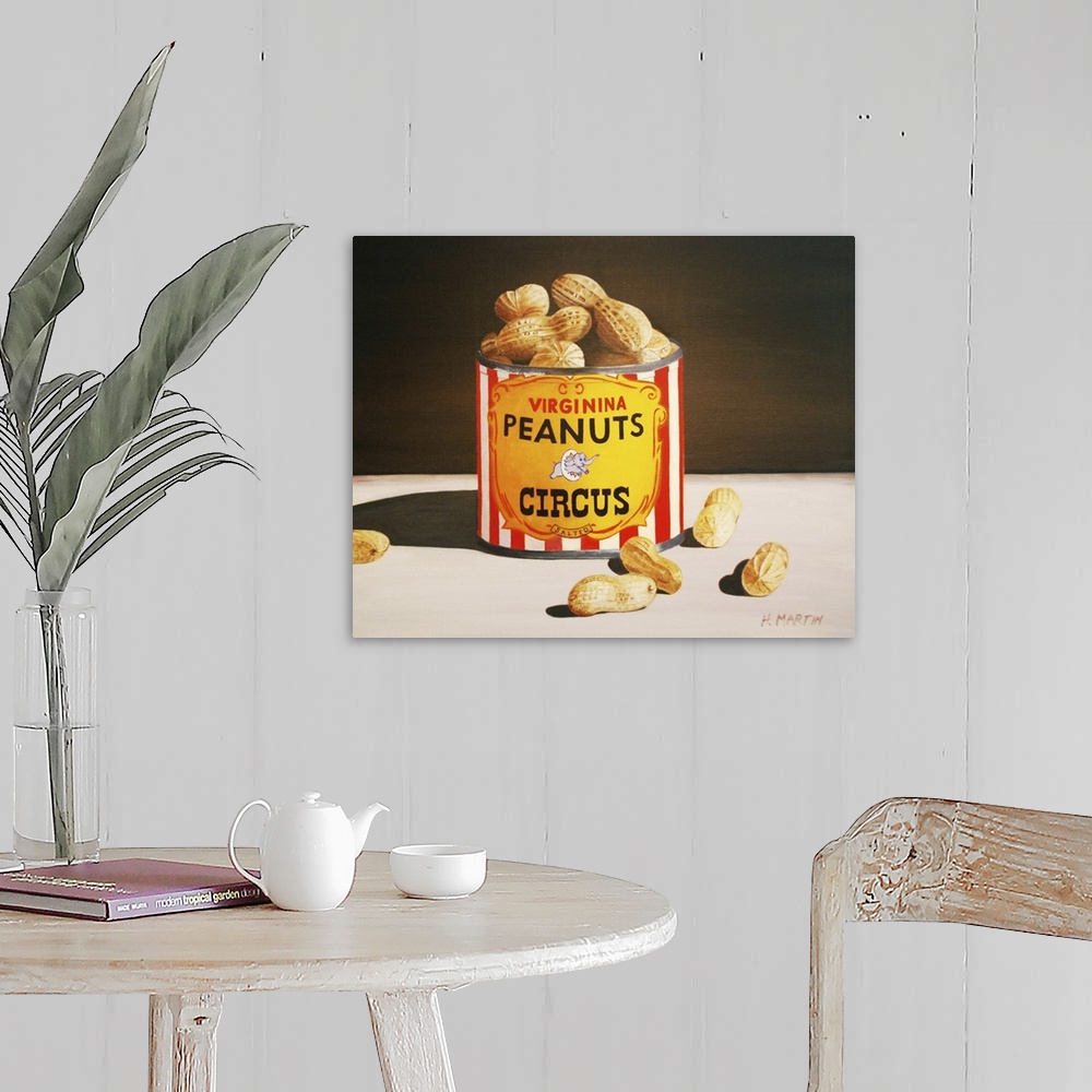 A farmhouse room featuring Fine art oil painting of circus peanuts in a tin can sitting atop a table in this beautiful still...