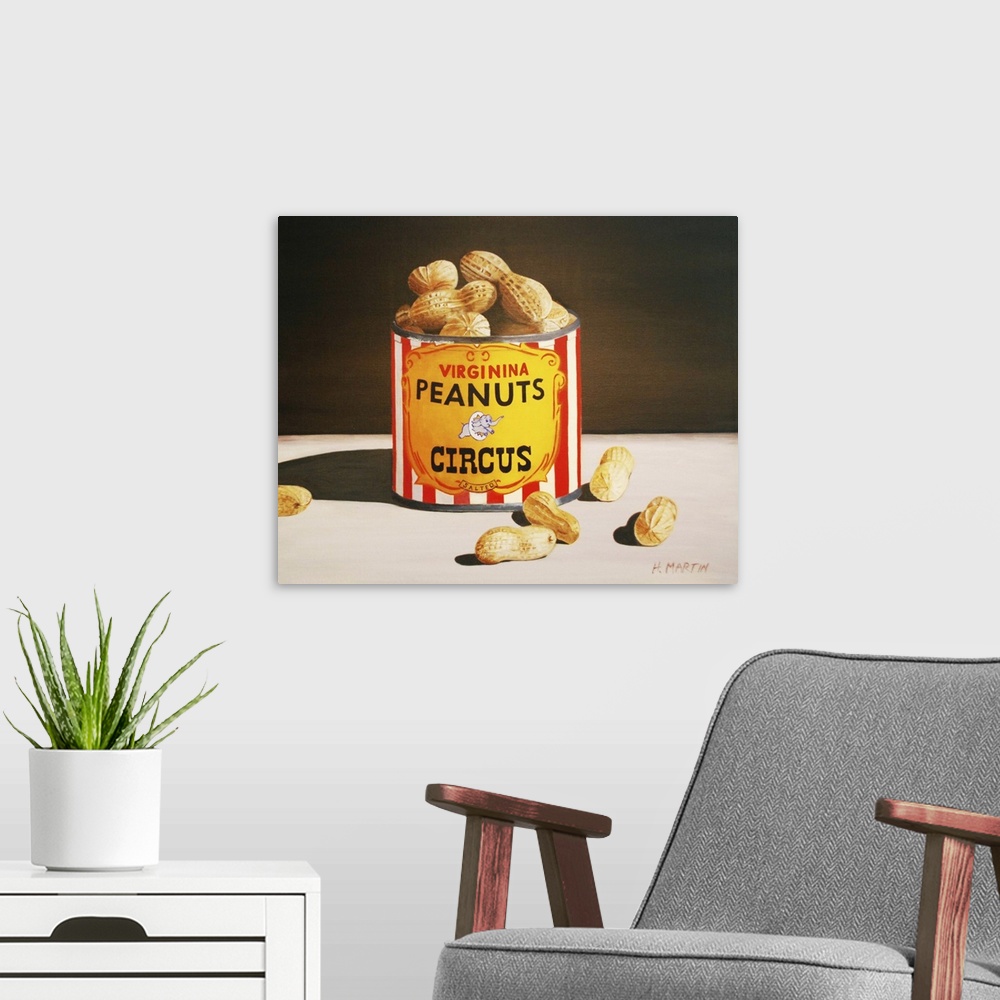 A modern room featuring Fine art oil painting of circus peanuts in a tin can sitting atop a table in this beautiful still...