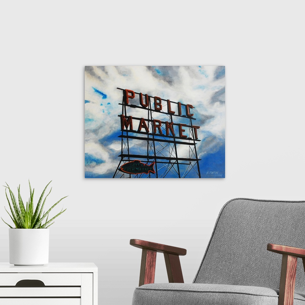 A modern room featuring Fine art oil painting of the Public Market, City Fish Market sign in Seattle, Washington by Heidi...