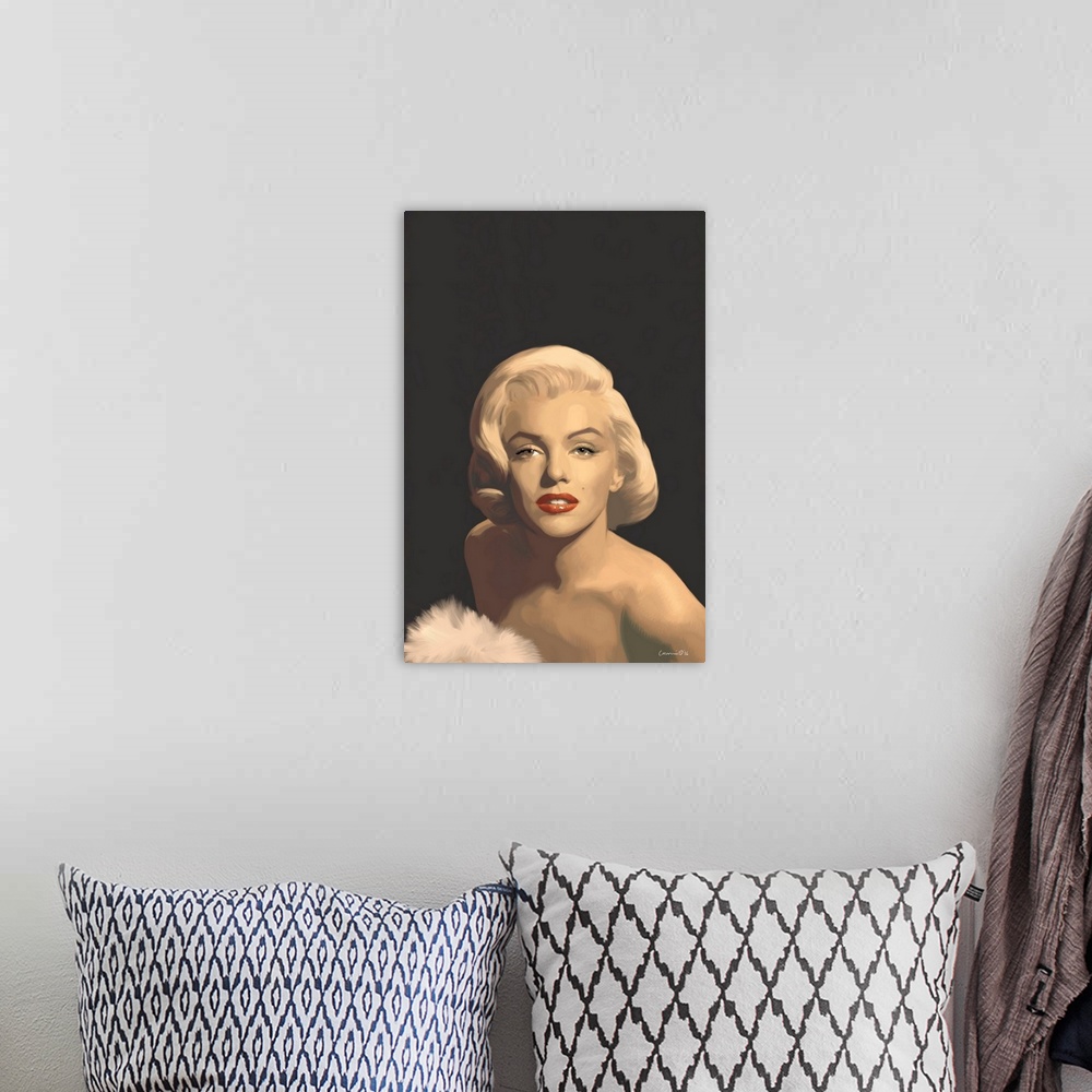 A bohemian room featuring Digital art painting of a portrait of Marilyn Monroe.