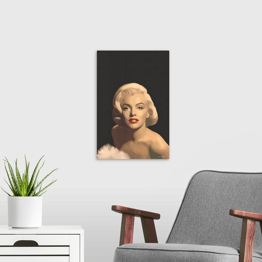A modern room featuring Digital art painting of a portrait of Marilyn Monroe.