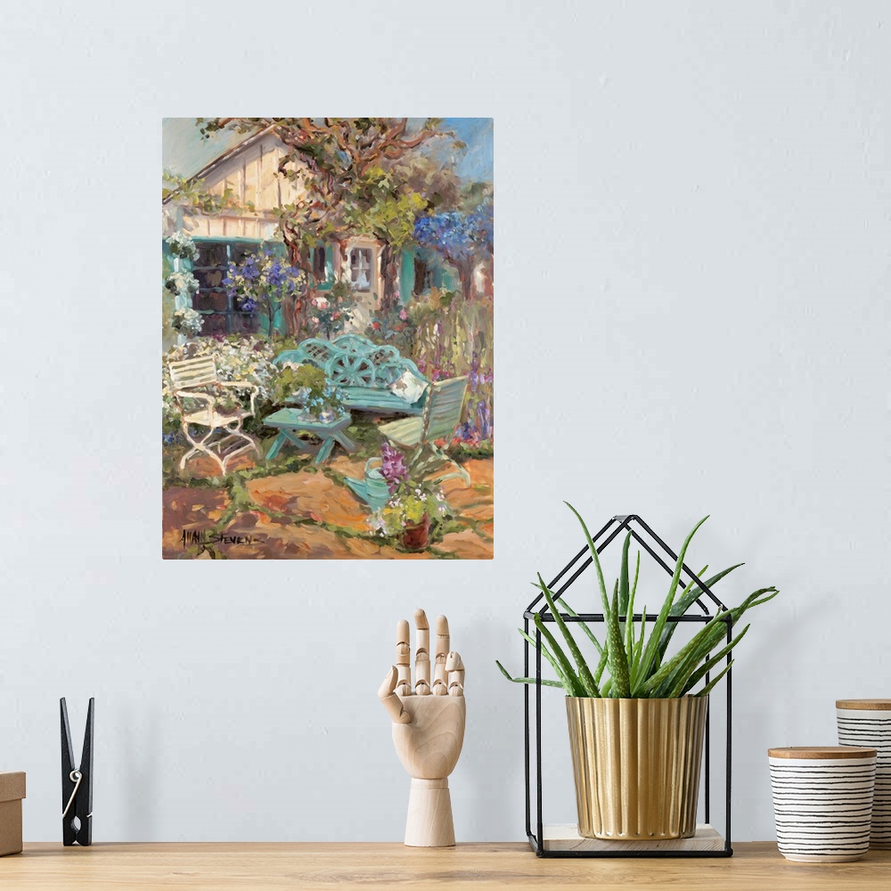 A bohemian room featuring Fine art oil painting landscape of a front patio with flowers and plants by Allayn Stevens.
