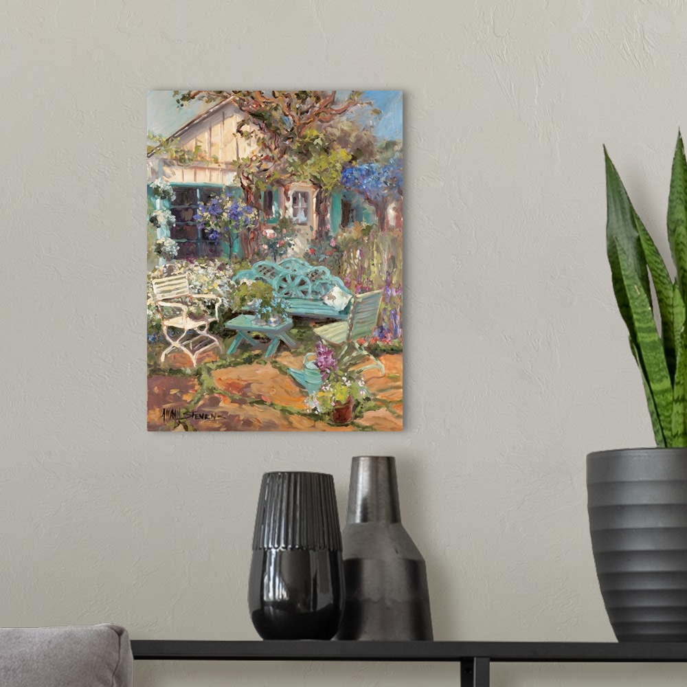 A modern room featuring Fine art oil painting landscape of a front patio with flowers and plants by Allayn Stevens.