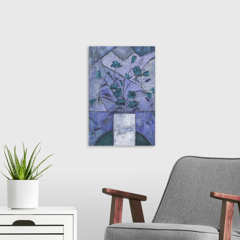 A modern room featuring Contemporary painting of a bouquet of teal flowers in a white vase over a mosaic inspired backgro...