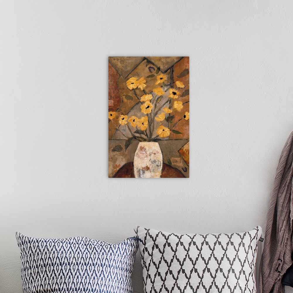 A bohemian room featuring Contemporary painting of a bouquet of golden yellow flowers over a mosaic inspired background.