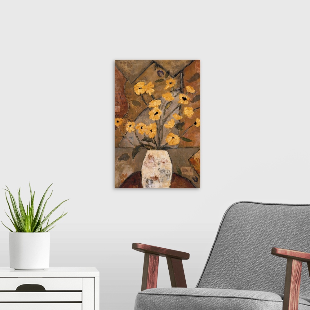 A modern room featuring Contemporary painting of a bouquet of golden yellow flowers over a mosaic inspired background.