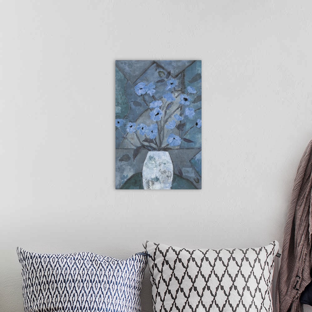 A bohemian room featuring Contemporary painting of a bouquet of light blue flowers over a mosaic inspired background.