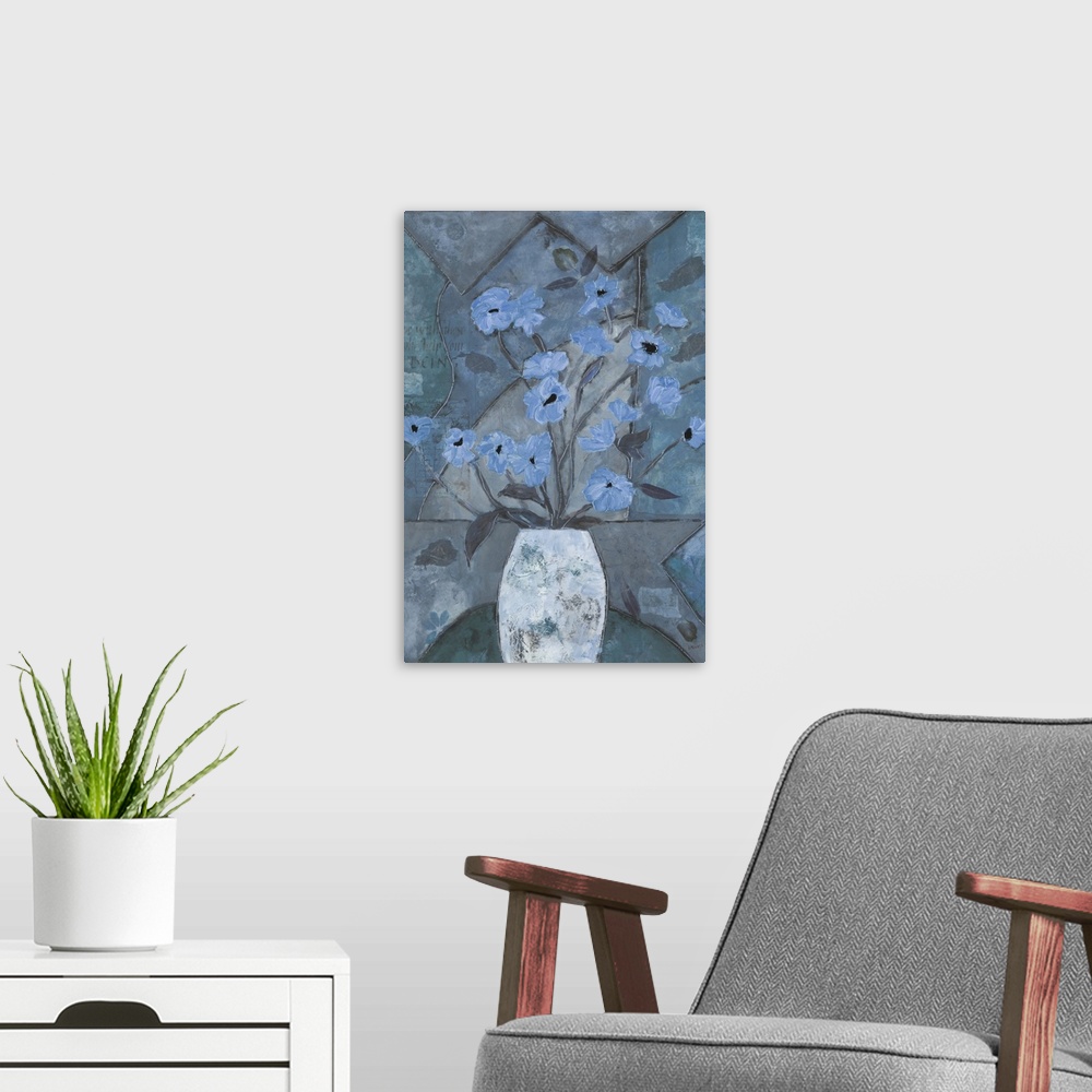 A modern room featuring Contemporary painting of a bouquet of light blue flowers over a mosaic inspired background.