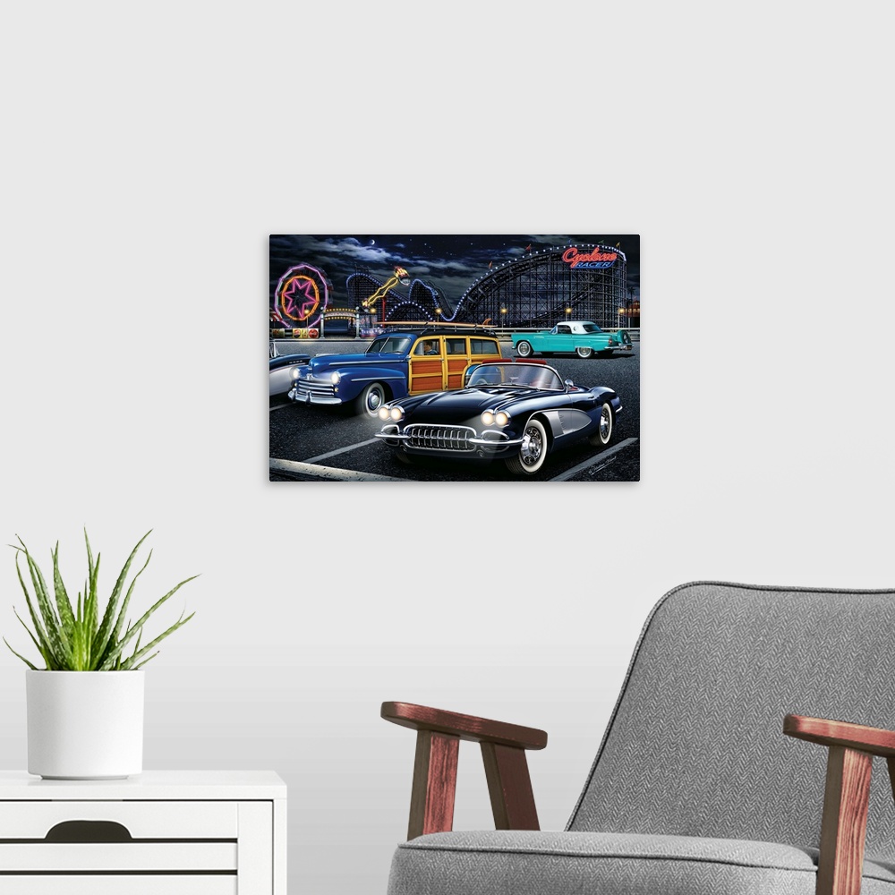 A modern room featuring Digital art painting of the Cyclone Racer roller coaster in Long Beach, California with classic c...