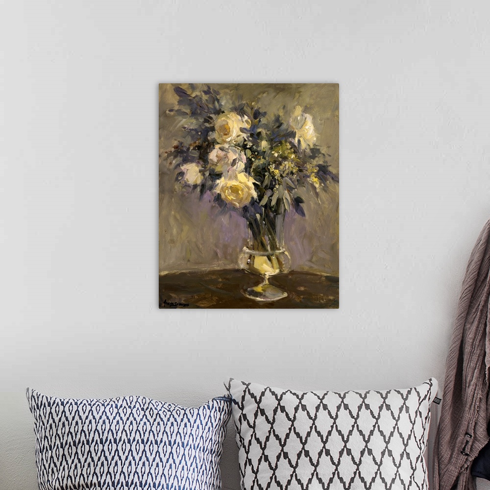 A bohemian room featuring Fine art oil painting still life of yellow roses and lavender flowers in a clear glass vase on a ...