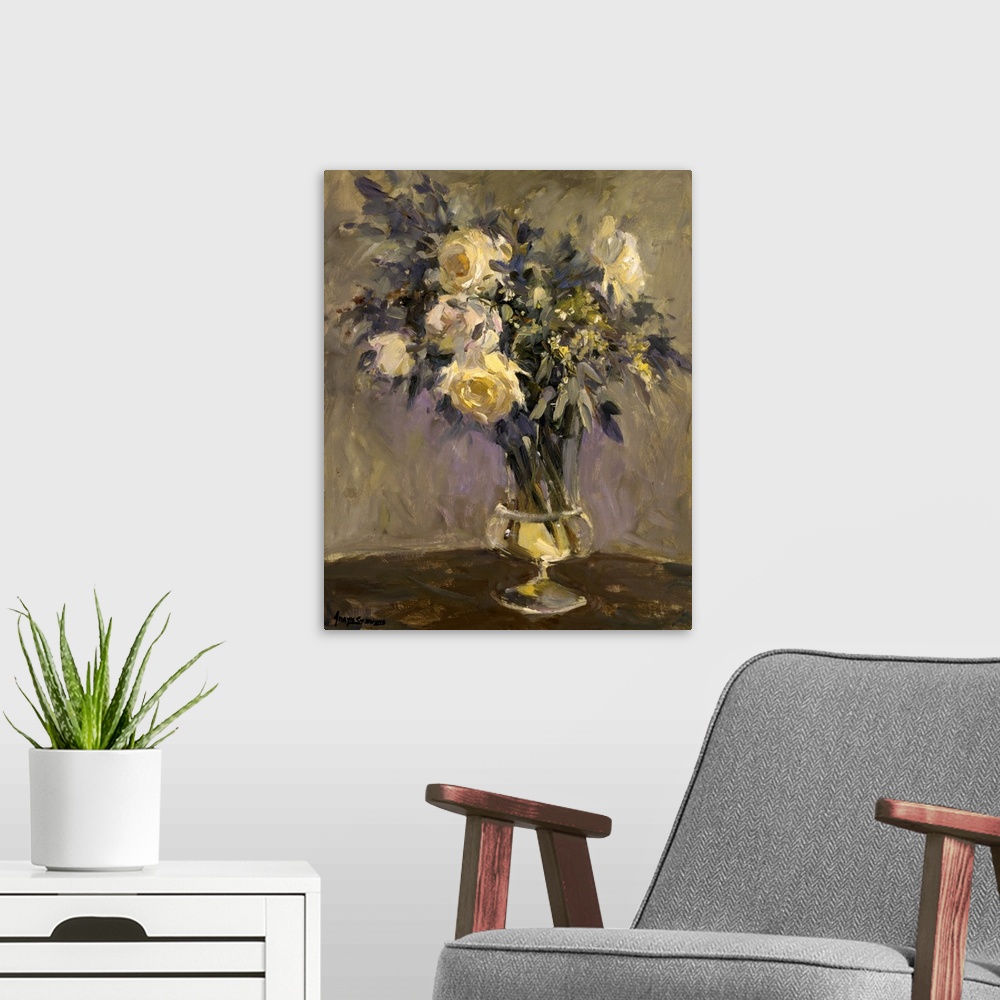 A modern room featuring Fine art oil painting still life of yellow roses and lavender flowers in a clear glass vase on a ...